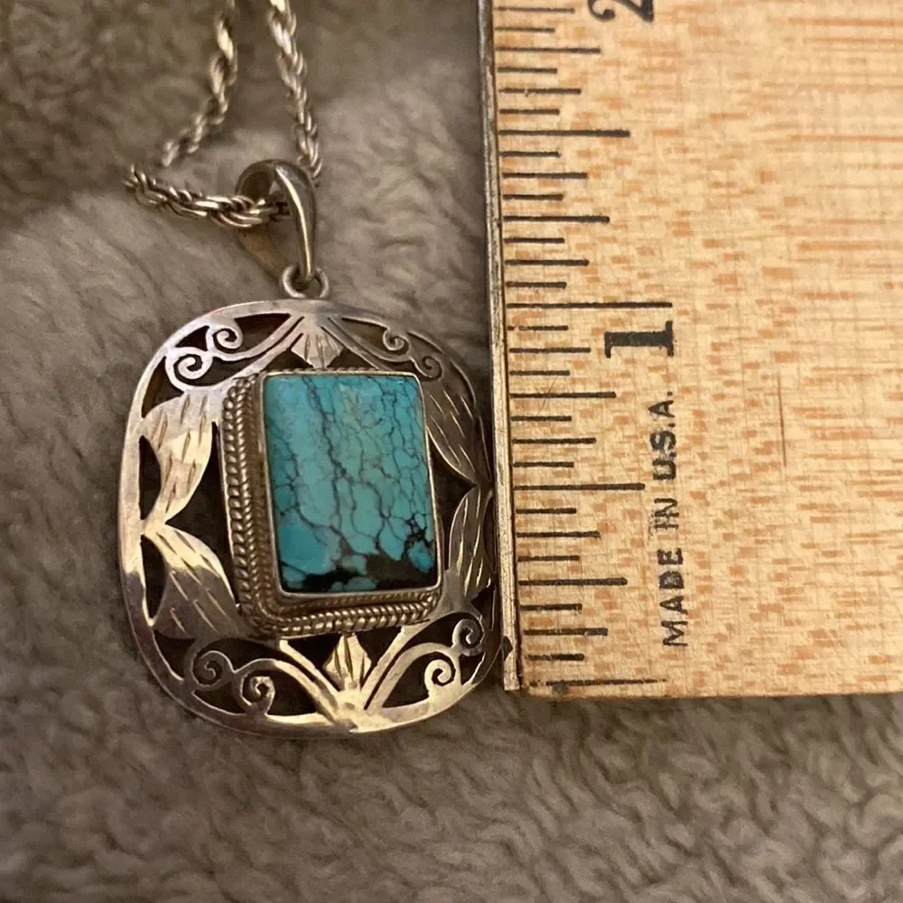 Authentic Handmade Turquoise sterling silver pendant from Nepal. Pendant only.